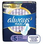 Always Maxi Overnight Pads with Wings, Size 5, Extra Heavy Overnight, 36 Ct